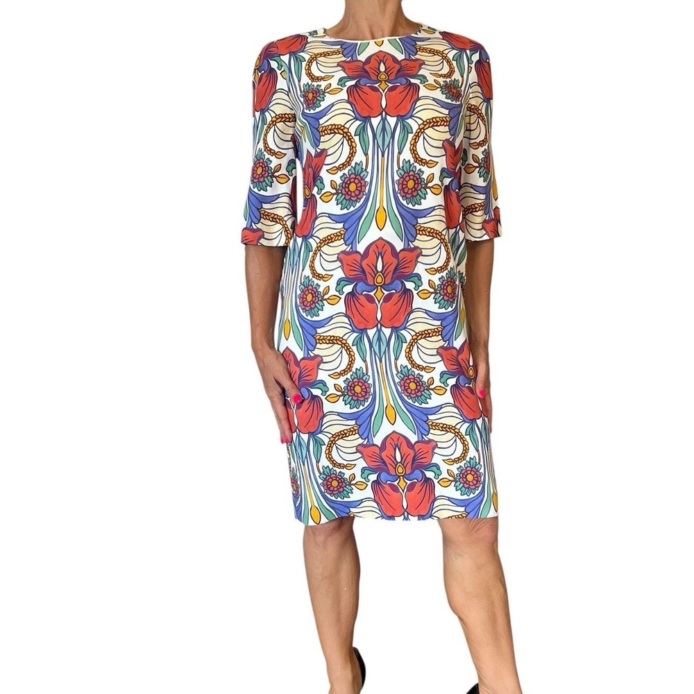 Aquilano Rimondi Viscose Multi-Color Floral Print 3/4 Sleeve Crepe Dress 4-6